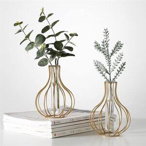 2 Pack Gold Metal Flower Vases, Small Desk Decor for Floral Arrangements,